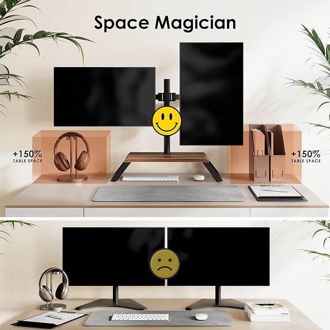 Dual Monitor Stand Riser for 12-27 Inch Computer Screens, Freestanding Double Monitor Stand for Desk, Adjustable Dual Monitor Mount Each Arm Hold up to 22lbs, VESA 75x75/100x100mm