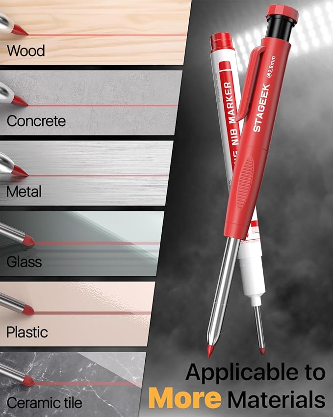 Carpenter Pencils Set with Sharpener, Heavy Duty Woodworking Tools with 13 Refills (Red, Black, Yellow), Construction Pencil and Deep Hole Long Nib Marker Pen for Architect Marking with Case