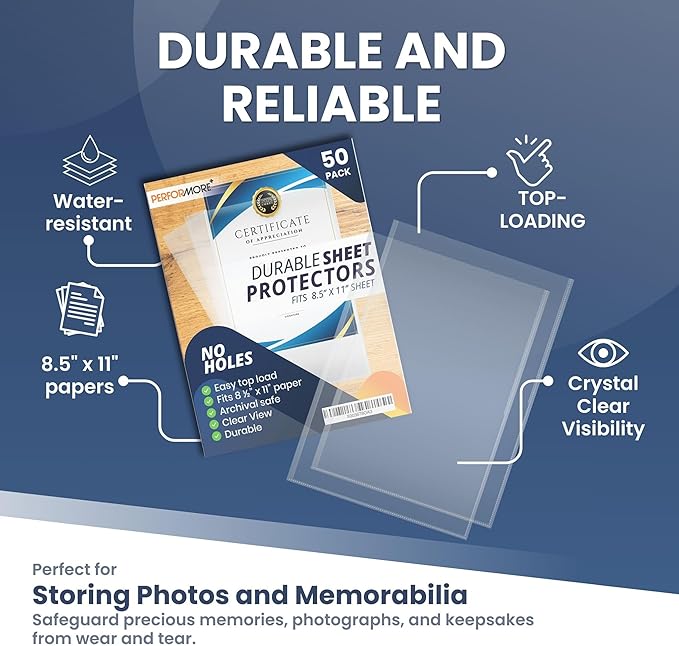 Performore 50 Clear No Hole Sheet Protectors, 8.5" x 11", Plastic Sheet Sleeves, Top Loading Paper Protector, Archival Safe for Documents and Photos
