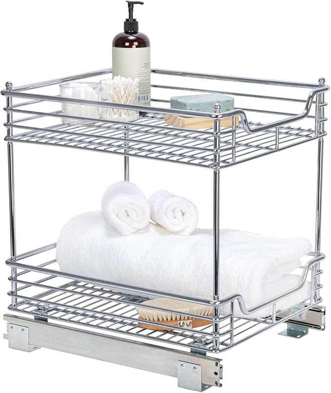 Household Essentials Glidez Multipurpose Chrome-Plated Steel Pull-Out/Slide-Out Storage Organizer for Under Cabinet Use - 2-Tier Design - Fits Standard Size Cabinet or Shelf, Chrome
