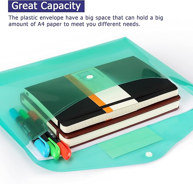 6 Pack Clear Document Folders Plastic Envelopes Poly Envelopes File Envelopes with Label Pocket and Snap Button for Home Work Office Organization, Letter Size/A4 Size, 6 Colors