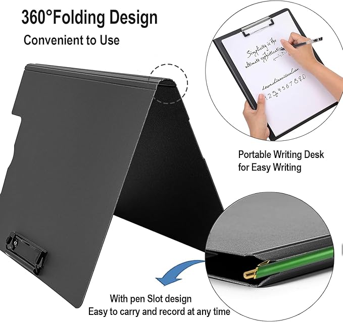 2 Pack Foldable Clipboards, A4 Office Clipboard Folder with Double Metal Clips, 360 Degree Foldable Binder Clipboard with Pen Holder, File Cover Work Folder Clipboards, Green