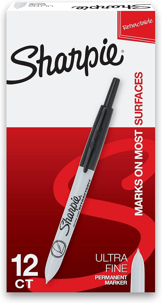 Sharpie Retractable Permanent Markers, Ultra Fine Point, Black, 12 Count