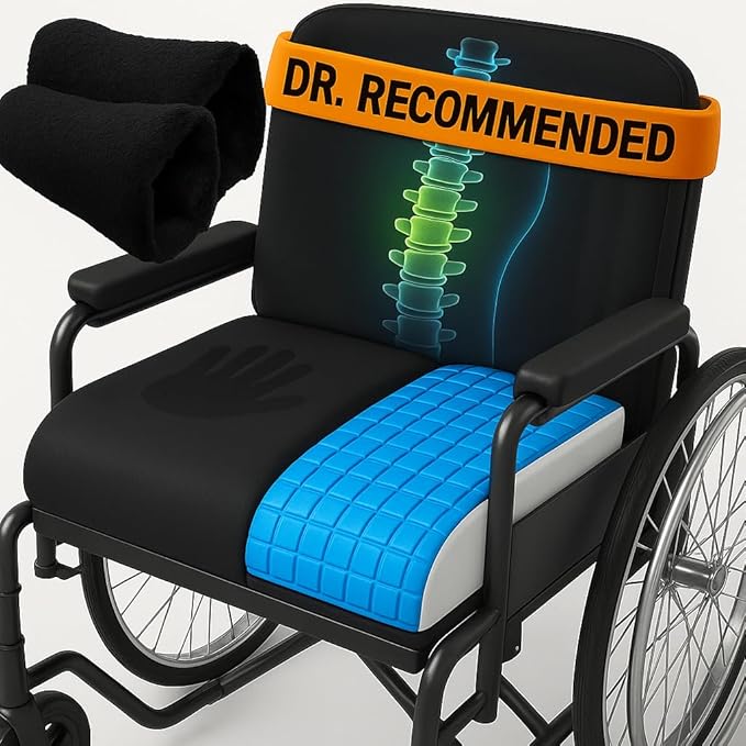 Wheelchair Cushion for Pressure Relief - (4-Piece Set) 18”x16” Anti-Slip Wheelchair Seat Cushions, Lumbar Pillow and Wheelchair Armrest Pads for Adults, Seniors, Wheelchair Accessories