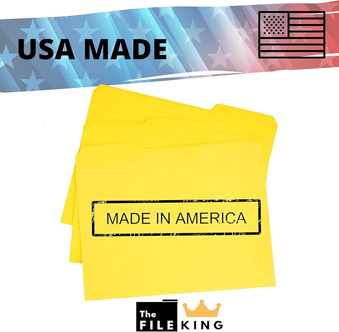 The File King 1/3 Cut Yellow File Folders Letter Size - 100 Pack | Made in USA | Heavy Duty | Assorted Colors | 8.5 x 11 | 100% Recycled Content