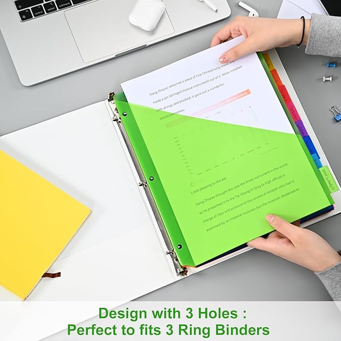8-Tab Binder Dividers - Index Pockets Divider for 3 Ring Binders, 3-Hole Plastics Sheets Protectors for US Letter Size in 0.5'', 1'', 2'', 3 inch Binders, 8 Colors (XY004) (1 Pack)