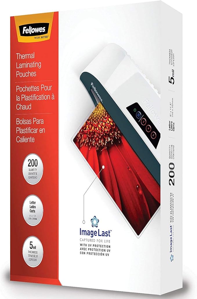 Fellowes Thermal Laminating Pouches, ImageLast, Jam Free, Letter Size, 5 Mil, 200 Pack (5245301)