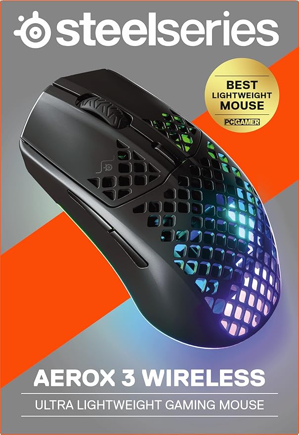 SteelSeries Aerox 3 Wireless - Holey RGB Gaming Mouse - Ultra-lightweight Water Resistant Design - 18K DPI TrueMove Air Optical Sensor- Onyx