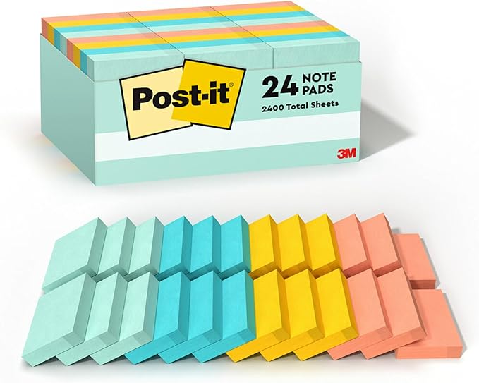 Post-it Notes, 1 3/8 in x 1 7/8 in, 24 Sticky Note Pads, 100 Sheets per Pad, Beachside Café Collection, New Year Organization or Second Semester School Supplies