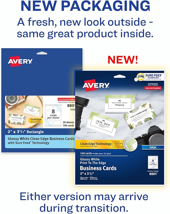 Avery Glossy Business Cards with Sure Feed Technology, 2" x 3.5", Glossy White, 160 Total, Clean Edge, Print-to-the-Edge, Inkjet Printable Cards (8801)