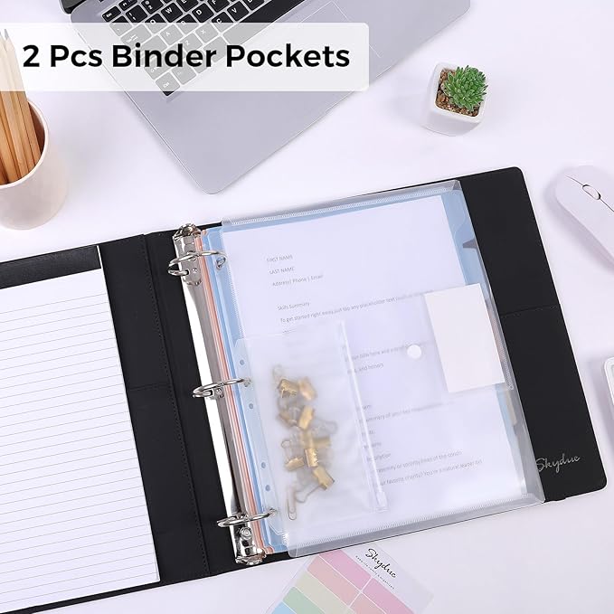 SKYDUE 3 Ring Binder with Clipboard, 2 Inch PU Heavy Duty Binder with Notepad & 5 Dividers with 5 Pockets, Labels, Clipboard Folder Great for School Office(Fit Letter Sized Paper)