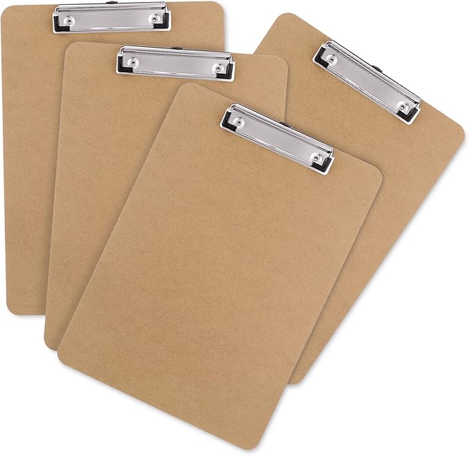 Wood Clipboards Set of 4, Letter Size Hardboard Clip Board 8.5x11 for Classroom, Students, Kid, A4 Standard Size 9" x 12.5" with Low Profile Clip, Office & School Supply