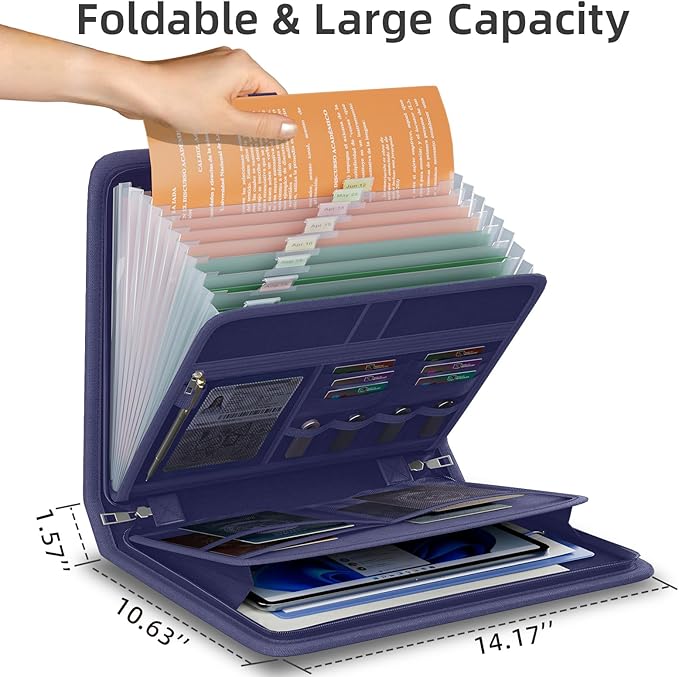 Fireproof Accordion File Organizer, Portable Expanding File Folder with Waterproof Zipper&Labels, Blue Document Organizer with 13 Pockets, File Organizer for Important Document/Paper Storage