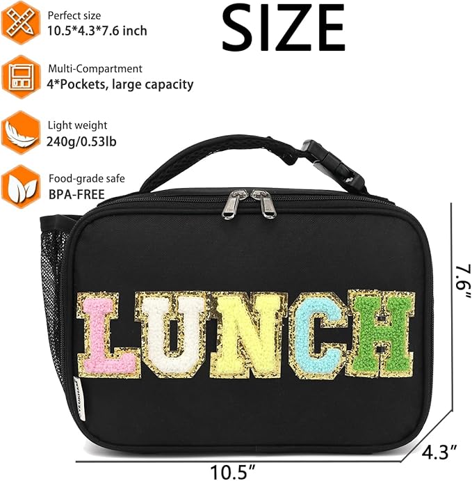 Insulated Lunch Box for School, Thermal Reusable Durable Freezable Lunch Bags for Kids Boys Girls Men Women - Small Soft Cooler Portable Lunch Tote Kit for Work Picnic Travel,Black Alphabet