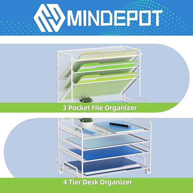 4-Tier Paper Organizer + 3-Pocket File Holder + Drawer + Pen Holders, Desktop File Organizers Paper Tray for Office Supplies School Classroom Organization (White, no Drawer & Pen Holder)