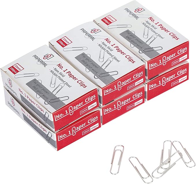 PAPERPAL Paperclips for Office School & Personal Use, #1 Nonskid Paper Clip (1-2/7"), 600 Medium Paper Clips (6 Boxes of 100 Each), Silver