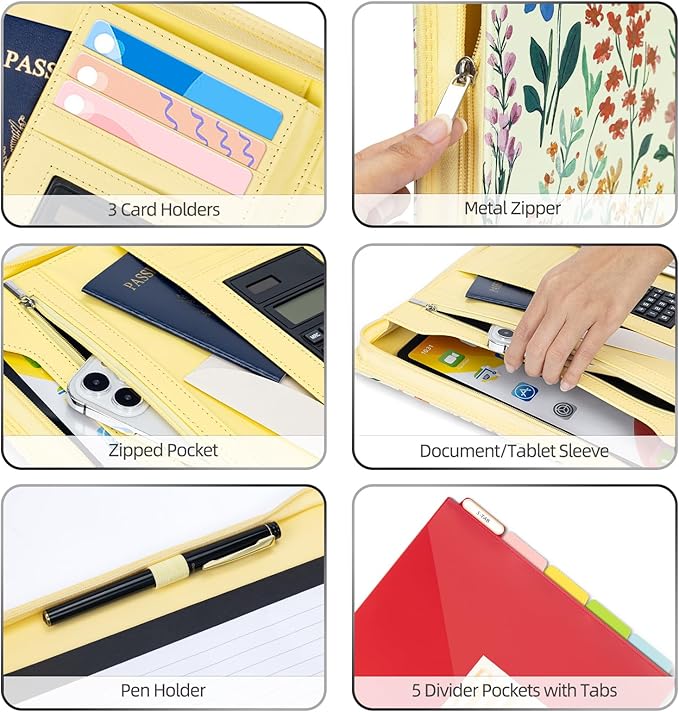 Ospelelf Leather Clipboard Binder with Storage - 3 Ring Zippered Padfolio Portfolio Folder - Calculator, 12.1” Tablet Sleeve, 5 Dividers with Pocket, Refillable Notepad, Card Slot (Floral)