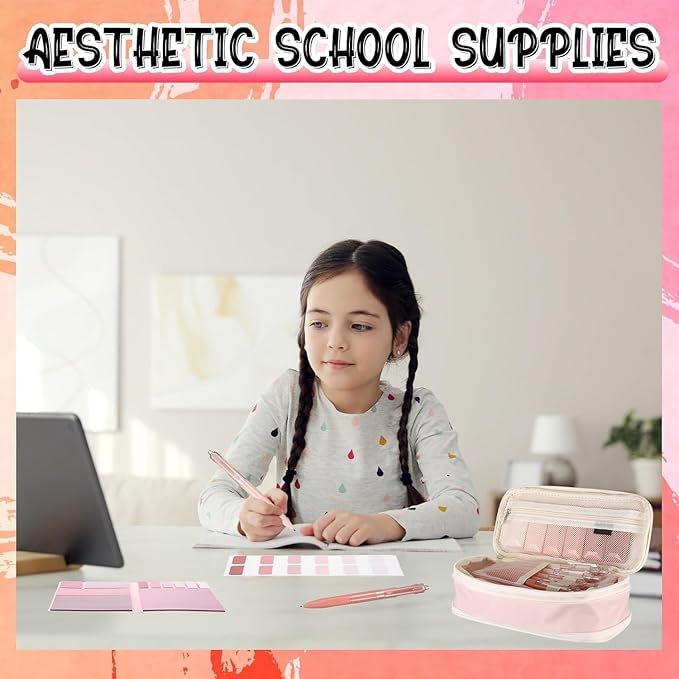 Janlaugh 38 Pcs Aesthetic College School Supplies with Pen Case Sticky Notes Gel Pens Highlighters Correction Tapes Back to School Stationery Kit(Pink Color,Classic)