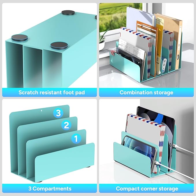 Mail Organizer Countertop, Small Desk File Organizer, Metal File Holder - Essential Workspace Organizers for Office Desk, Home Office (Blue)