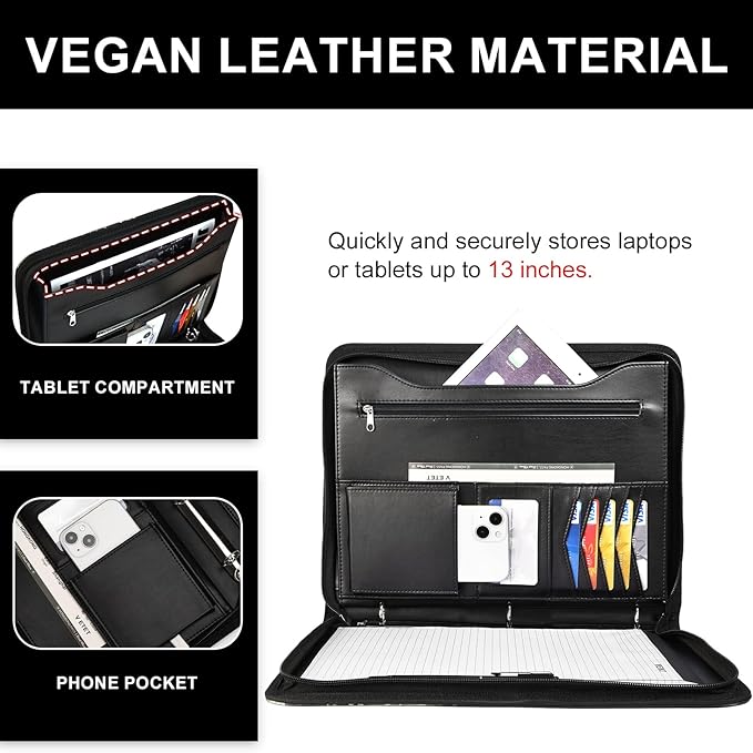 Leathario Portfolio Binder, Includes 5 Folder Index Dividers and 3 Notepads, 3-Ring Folder Organizer, Padfolio with Zipper, Vegan Leather Tablet Sleeve, Business Office Conference Clipboards