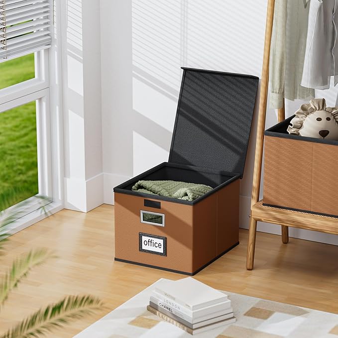 Huolewa Faux Leather File Organizer Box with Lid, Collapsible Hanging File Folder Box Organizer with Plastic Slides, Decorative Home/Office Filing System Boxes for File and Folder Storage
