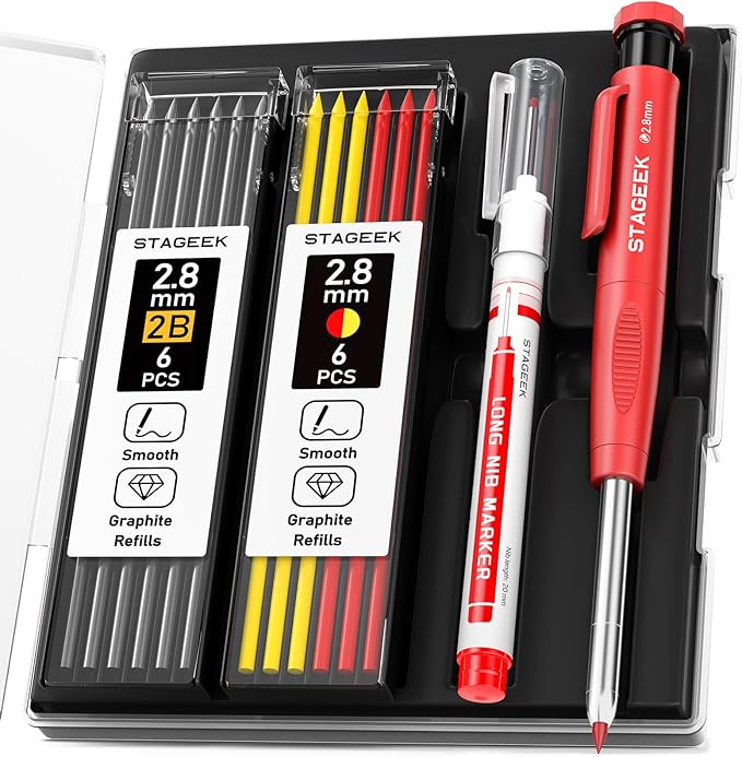Carpenter Pencils Set with Sharpener, Heavy Duty Woodworking Tools with 13 Refills (Red, Black, Yellow), Construction Pencil and Deep Hole Long Nib Marker Pen for Architect Marking with Case