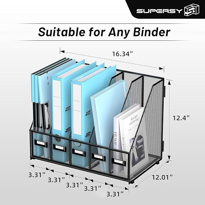 SUPEASY Desk Organizers Metal Desk Magazine File Holder with 16''x12''x12'' 5 Vertical Compartments Rack File Organizer for Office Desktop, Home Workspace, Black Plus