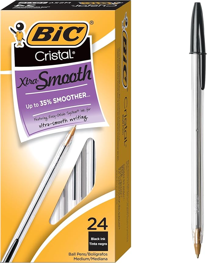 BIC Cristal Xtra Smooth Black Ballpoint Pens, Medium Point (1.0mm), 24-Count Pack, Extra Smooth and Reliable Ballpoint Pens