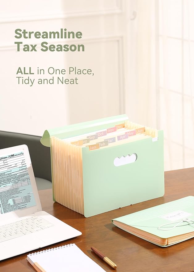Accordion File Organizer 12 Pockets, Monthly Bill Receipt Tax Organizer, Expanding File Folders with Larger Bright Tabs, Fits Letter/A4 Size - Green
