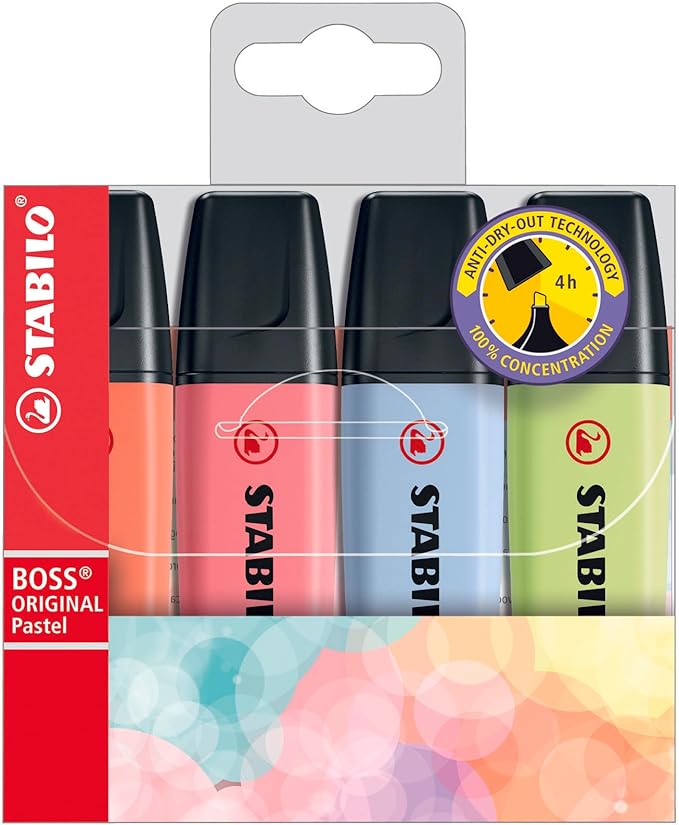 STABILO Highlighter BOSS ORIGINAL Pastel - Pack of 4 - Mellow Coral Red, Cherry Blossom Pink, Cloudy Blue, Dash of Lime
