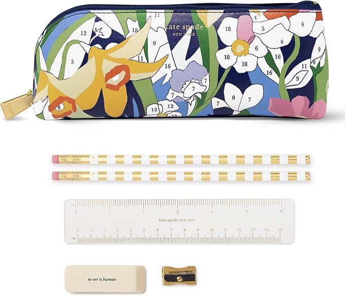 kate spade new york Pen and Pencil Case with Office Supplies, Zip Pouch Includes 2 Pencils, Sharpener, Eraser, and Ruler, Paint by Numbers