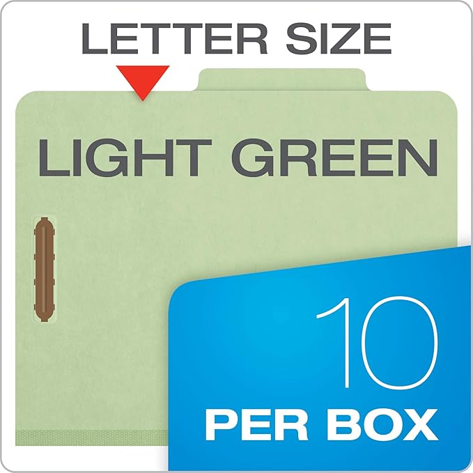 Pendaflex Recycled Classification File Folders, 2 Dividers, 2" Embedded Fasteners, 2/5 Tab Cut, Letter Size, Light Green, Box of 10 (24076R)