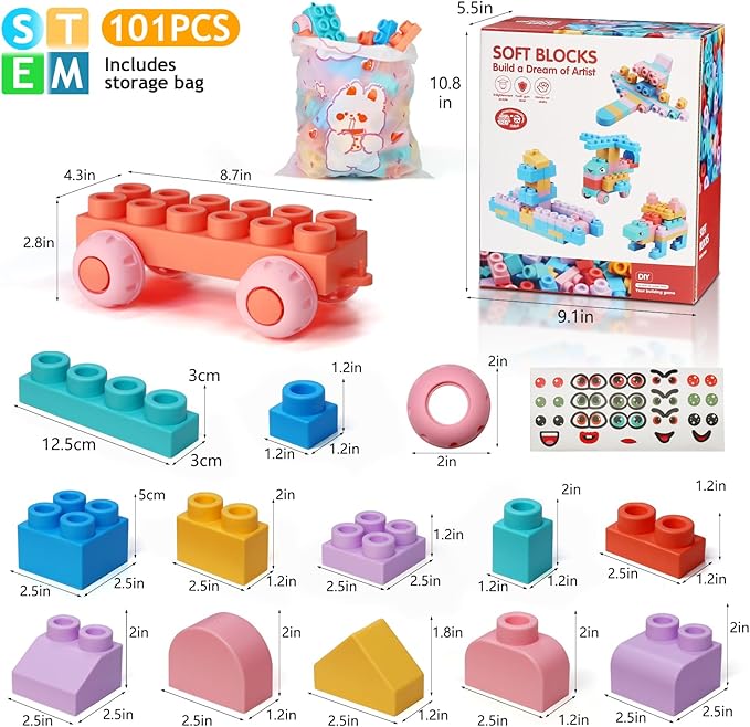 Soft Block Sets for Toddler Aged 2 3 4 5 6 Years Old.Preschool Toy for Early Childhood Education and I-Interactive.Toddler Block Toys with 101 Pieces and Storage Bag.Gift Ideas for Kids Age 18+ mouths