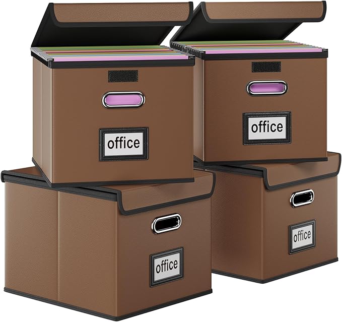 Huolewa Portable Leather File Organizer Boxes with Lids, Office Document Boxes Organizer, Filing Boxes, Decorative Small File Boxes for Hanging Files with Plastic Slide for Office/Decor/Home