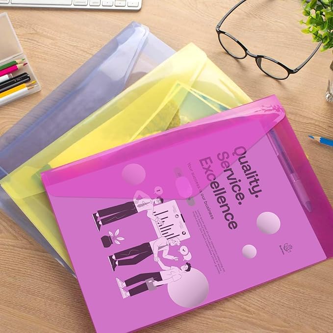 Sooez 50 Pack Plastic Envelopes Poly Envelopes, HeavyDuty File Folders, Clear Folders with Pockets, Folders for Documents Letter A4 Size, Filing Folders, Paper Storage, Office School, 8 Colored