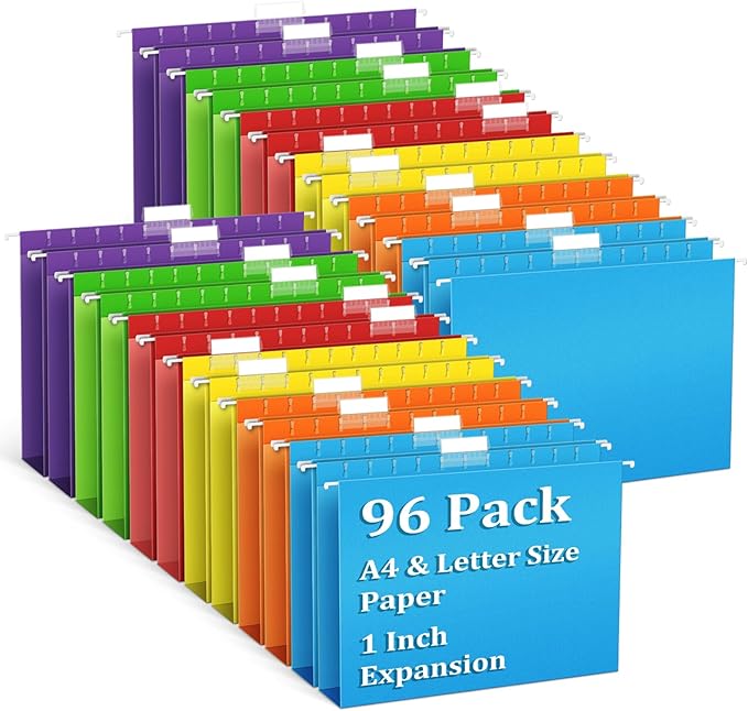 V-Opitos 96 Pack 1 Inch Expansion Hanging File Folders, Letter Size Hanging Folders with 1/5-Cut Adjustable Tab, Extra Capacity Hanging File Folders, Ideal School Classroom, Office Supplies