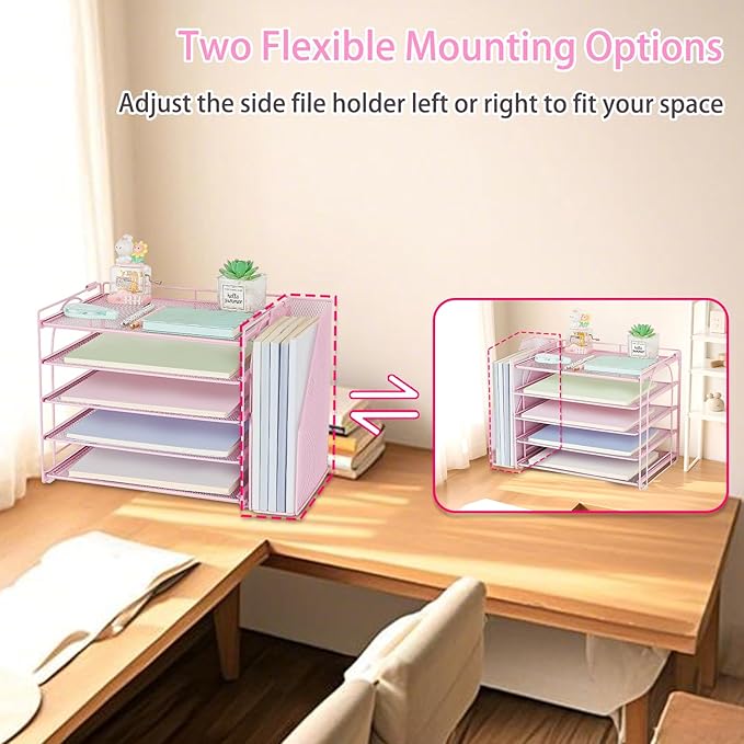 AUPSEN Pink Desk Organizers and Accessories,5-Tier Desktop Paper File Organizer with Adjustable File Holder, Office Desk Accessories for Office Supplies