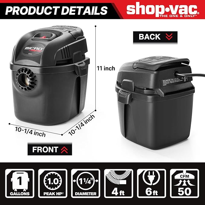 Shop-Vac 2021005 1 Gallon Micro Wet/Dry Vacuum, 1.0 Peak HP, 1.25 Inch Diameter x 4 Foot Hose, 6 Food Cord, Lightweight And Portable, Quick Wet/Dry Pickup