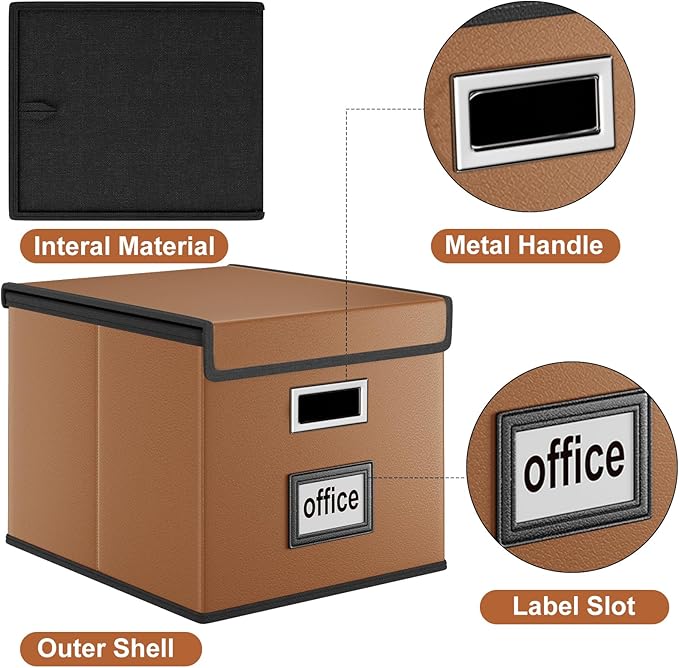 Huolewa Faux Leather File Organizer Box with Lid, Collapsible Hanging File Folder Box Organizer with Plastic Slides, Decorative Home/Office Filing System Boxes for File and Folder Storage