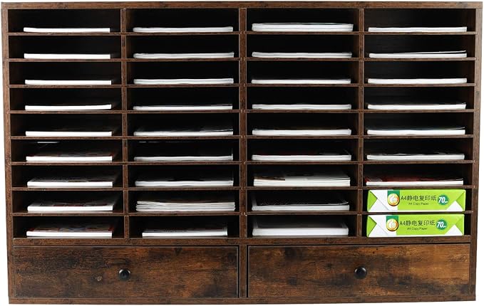 PAG Mail Sorter Organizer, Wood Literature Organizer, Student Mailbox for Classroom, Desktop Bill Paper Organizer for Office Home School, 38 Compartments, Antique Brown