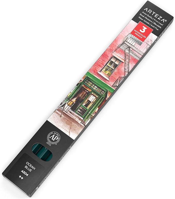 Arteza Professional Watercolor Pencils, Pack of 3, A504 Ocean Blue, Water-Soluble Pencils for Coloring, Blending, Layering & Watercolor Techniques