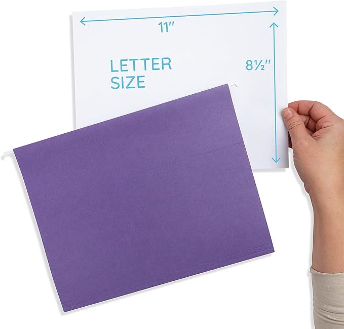 25 Blue Summit Supplies Purple Hanging File Folders - Letter Size, Durable 11pt Paper, Hanging File Folders, Purple, with Plastic Tabs and Inserts Included