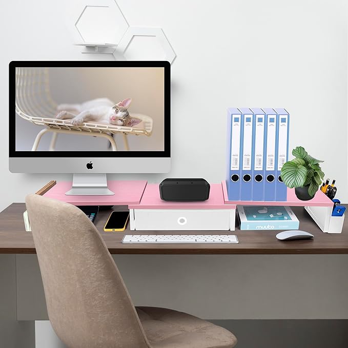 Dual Monitor Stand Riser With Drawer & Metal Leg, Large Desk Shelf For 2 Monitors w/ Adjustable Length & Angle, Desktop Organizer For Laptop/TV/Printer
