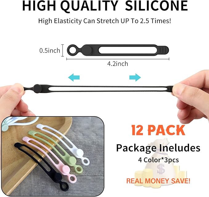 [12Park]UMUST Silicone Cable Ties, Reusable Cable Management Organizer, Cord Tie,Multipurpose Elastic Cord Organizer for Bundling and Fastening Cable Cords Wires(black,white,pink,green)