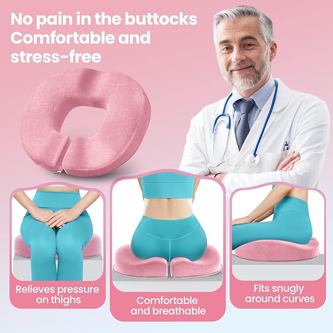 Benazcap Donut Pillow Seat Cushion, Donut Chair Cushions for Postpartum Pregnancy & Hemorrhoids, Memory Foam Seat Chair Cushion for Sciatica & Hip & Coccyx Pain Relief-Pink