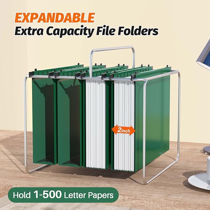 Extra Capacity Plastic Hanging File Folders,12 Pack Reinforced Hang Folder,Heavy Duty 2 Inch Expansion,Plastic Filing Cabinet Folders,Letter Size,Designed for Bulk Files, Medical Charts (Green)
