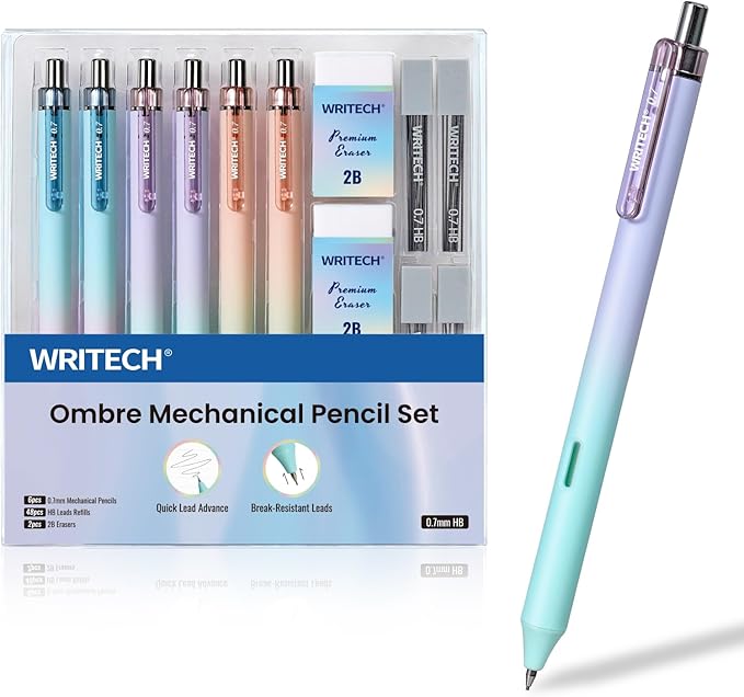 WRITECH Up Mechanical Pencil Set: 6ct Gradient Barrel 0.7mm Mechanical Pencils with 4 Tubes of HB Lead Refills and 2 Extra Erasers for Writing Drawing Sketching Drafting