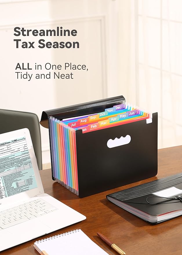 Accordion File Organizer 12 Pockets, Monthly Bill Receipt Tax Organizer, Expanding File Folders with Larger Bright Tabs, Fits Letter/A4 Size - Black