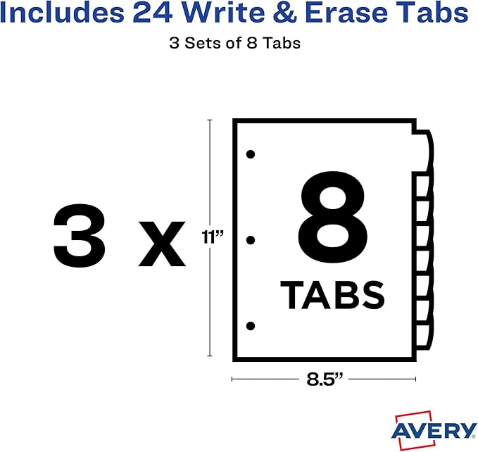 Avery Big Tab Write & Erase Durable Plastic Dividers, 8-Tab Set, Multicolor Brights, 3 Sets (21210)