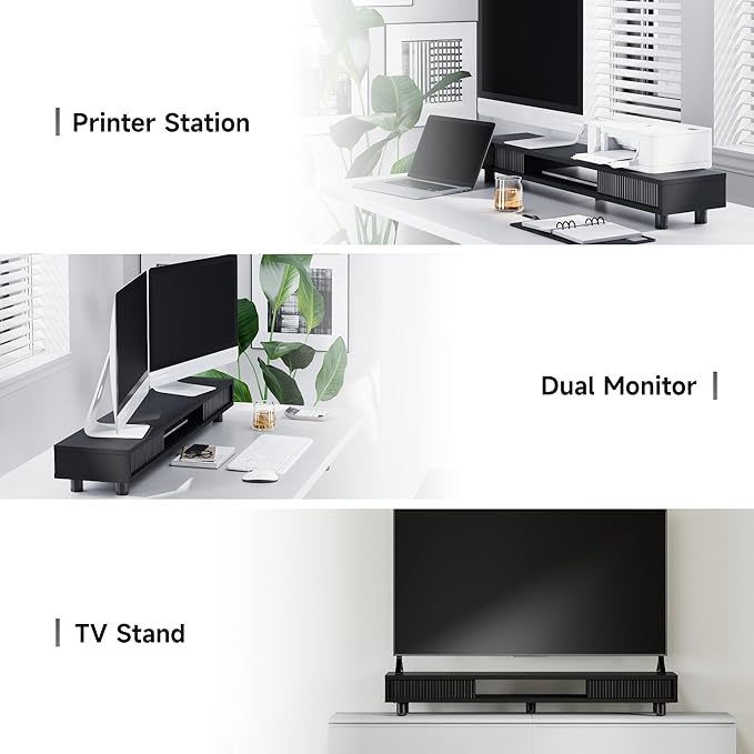 Fenge Dual Monitor Stand, 42.5inch Long Monitor Stands Riser for 2 Monitors, Sliding Door with Storage Organizer Stand for Desk, 2 Tier Desk Shelf for Laptop, Pc, Printer, Computer, TV